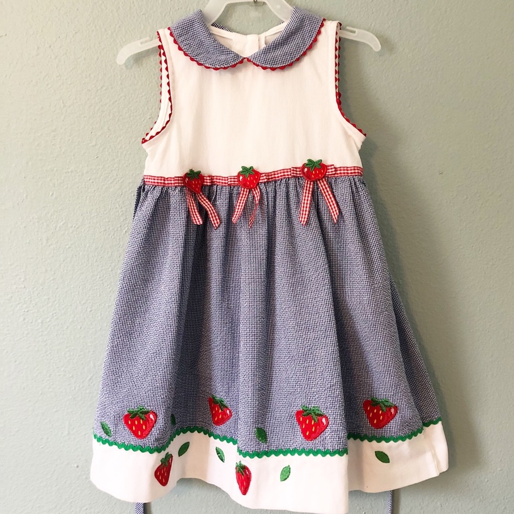 Seersucker strawberry girls dress